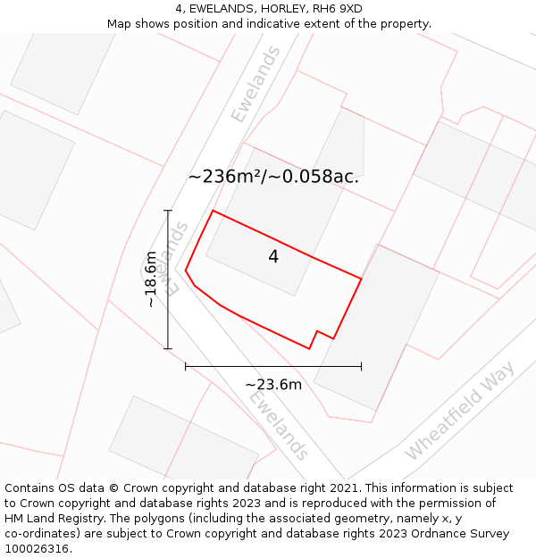 4, EWELANDS, HORLEY, RH6 9XD: Plot and title map