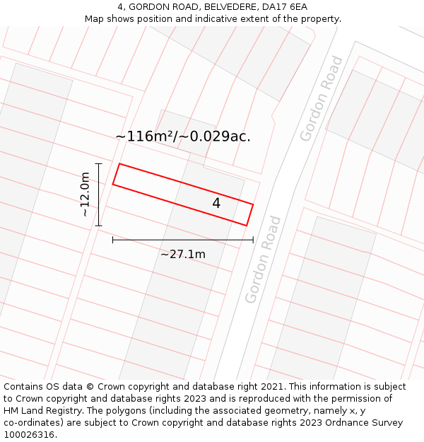 4, GORDON ROAD, BELVEDERE, DA17 6EA: Plot and title map