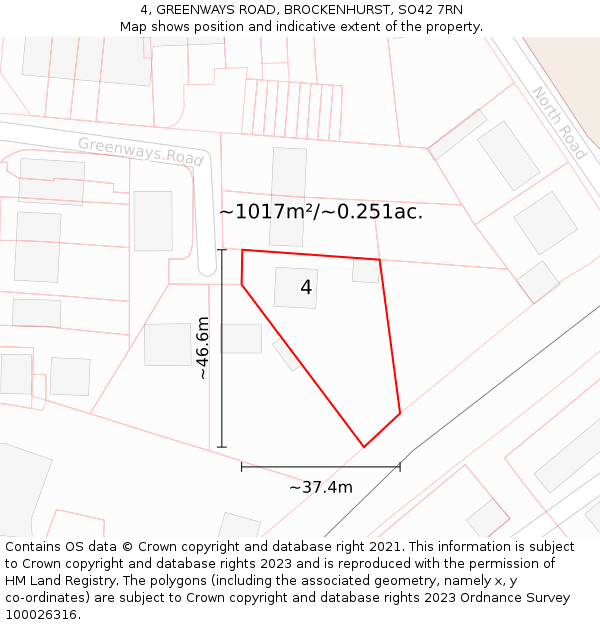 4, GREENWAYS ROAD, BROCKENHURST, SO42 7RN: Plot and title map