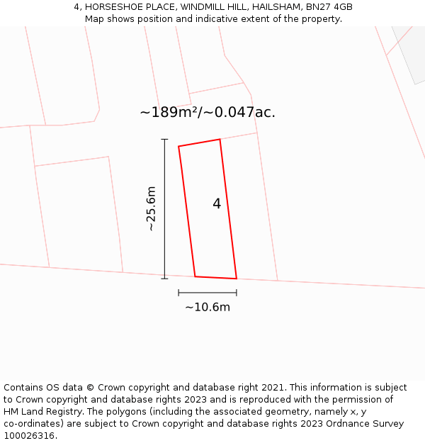 4, HORSESHOE PLACE, WINDMILL HILL, HAILSHAM, BN27 4GB: Plot and title map
