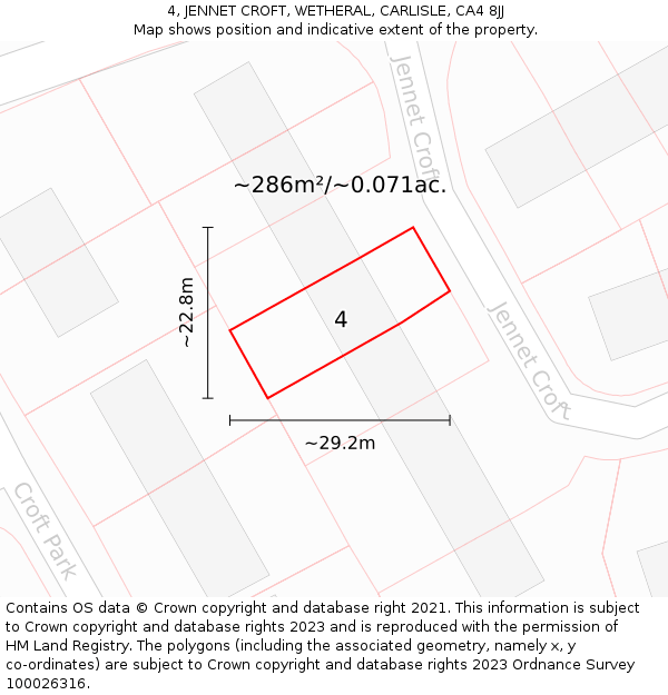 4, JENNET CROFT, WETHERAL, CARLISLE, CA4 8JJ: Plot and title map