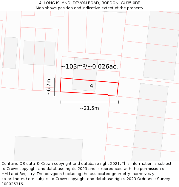 4, LONG ISLAND, DEVON ROAD, BORDON, GU35 0BB: Plot and title map