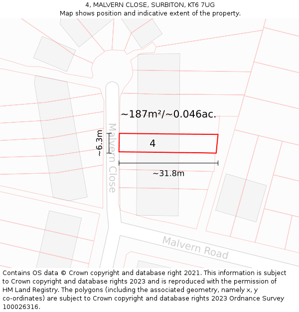 4, MALVERN CLOSE, SURBITON, KT6 7UG: Plot and title map