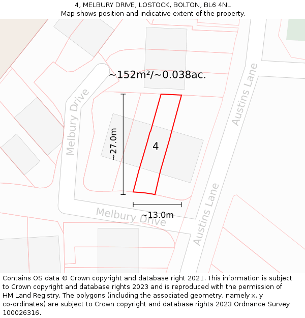 4, MELBURY DRIVE, LOSTOCK, BOLTON, BL6 4NL: Plot and title map