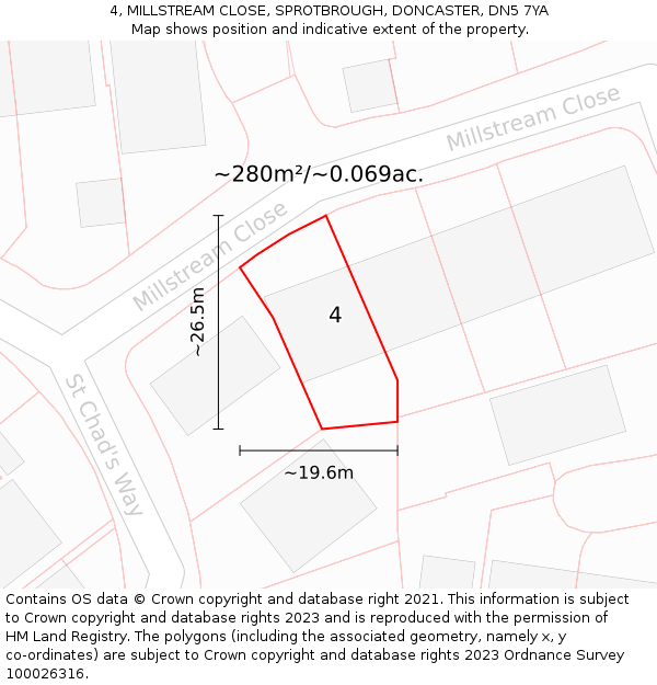 4, MILLSTREAM CLOSE, SPROTBROUGH, DONCASTER, DN5 7YA: Plot and title map