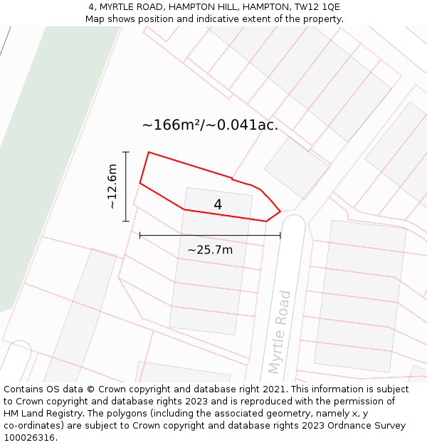 4, MYRTLE ROAD, HAMPTON HILL, HAMPTON, TW12 1QE: Plot and title map