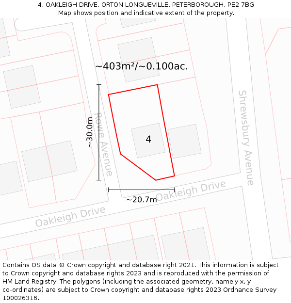 4, OAKLEIGH DRIVE, ORTON LONGUEVILLE, PETERBOROUGH, PE2 7BG: Plot and title map