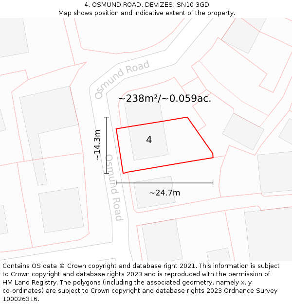 4, OSMUND ROAD, DEVIZES, SN10 3GD: Plot and title map