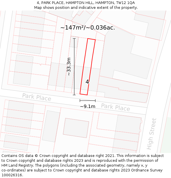 4, PARK PLACE, HAMPTON HILL, HAMPTON, TW12 1QA: Plot and title map