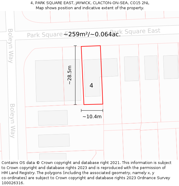4, PARK SQUARE EAST, JAYWICK, CLACTON-ON-SEA, CO15 2NL: Plot and title map