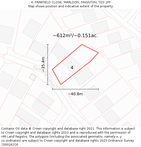 4, PARKFIELD CLOSE, MARLDON, PAIGNTON, TQ3 1PF: Plot and title map
