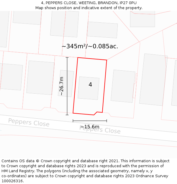 4, PEPPERS CLOSE, WEETING, BRANDON, IP27 0PU: Plot and title map