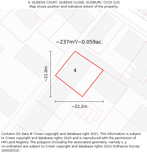 4, QUEENS COURT, QUEENS CLOSE, SUDBURY, CO10 1US: Plot and title map