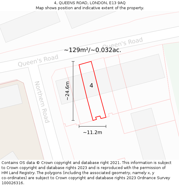 4, QUEENS ROAD, LONDON, E13 9AQ: Plot and title map