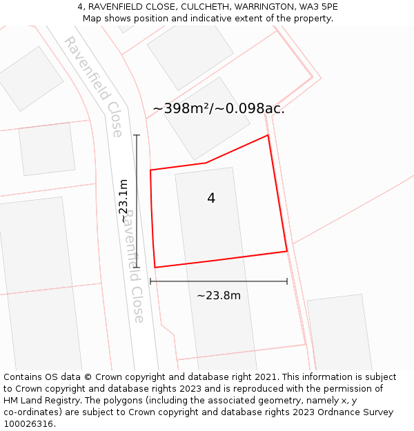 4, RAVENFIELD CLOSE, CULCHETH, WARRINGTON, WA3 5PE: Plot and title map