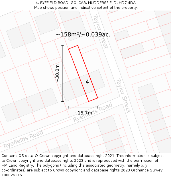 4, RYEFIELD ROAD, GOLCAR, HUDDERSFIELD, HD7 4DA: Plot and title map