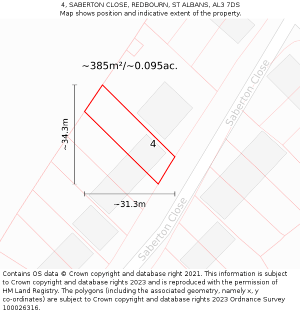 4, SABERTON CLOSE, REDBOURN, ST ALBANS, AL3 7DS: Plot and title map
