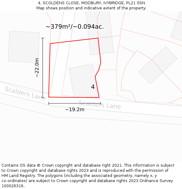 4, SCOLDENS CLOSE, MODBURY, IVYBRIDGE, PL21 0SN: Plot and title map