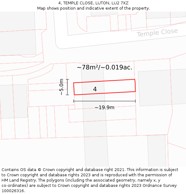 4, TEMPLE CLOSE, LUTON, LU2 7XZ: Plot and title map