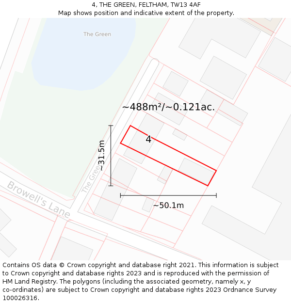 4, THE GREEN, FELTHAM, TW13 4AF: Plot and title map