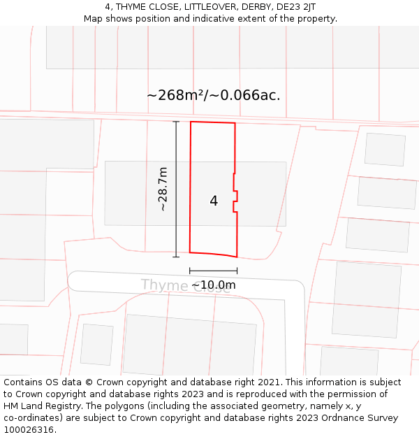 4, THYME CLOSE, LITTLEOVER, DERBY, DE23 2JT: Plot and title map