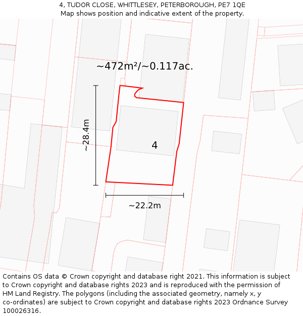 4, TUDOR CLOSE, WHITTLESEY, PETERBOROUGH, PE7 1QE: Plot and title map