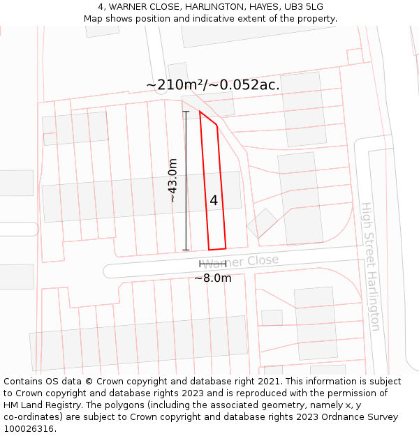 4, WARNER CLOSE, HARLINGTON, HAYES, UB3 5LG: Plot and title map
