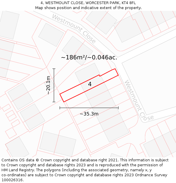 4, WESTMOUNT CLOSE, WORCESTER PARK, KT4 8FL: Plot and title map