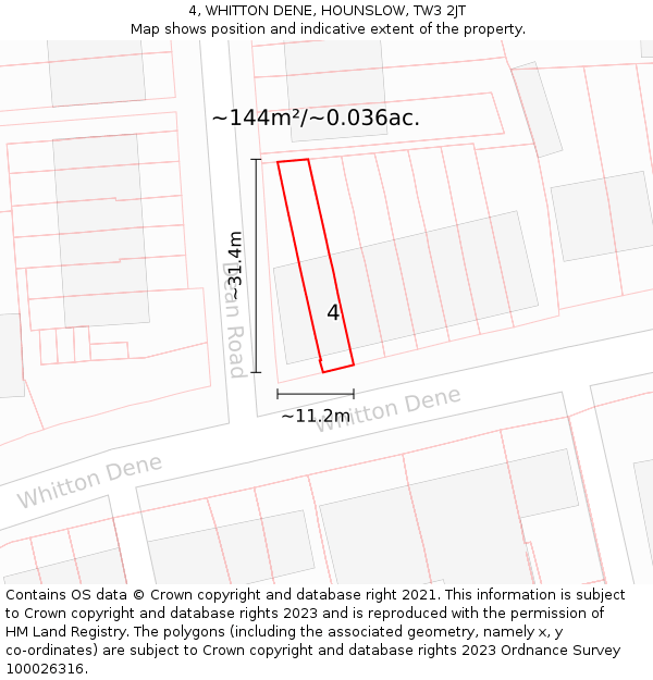 4, WHITTON DENE, HOUNSLOW, TW3 2JT: Plot and title map