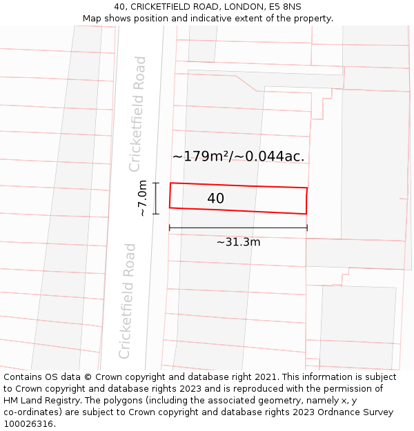 40, CRICKETFIELD ROAD, LONDON, E5 8NS: Plot and title map