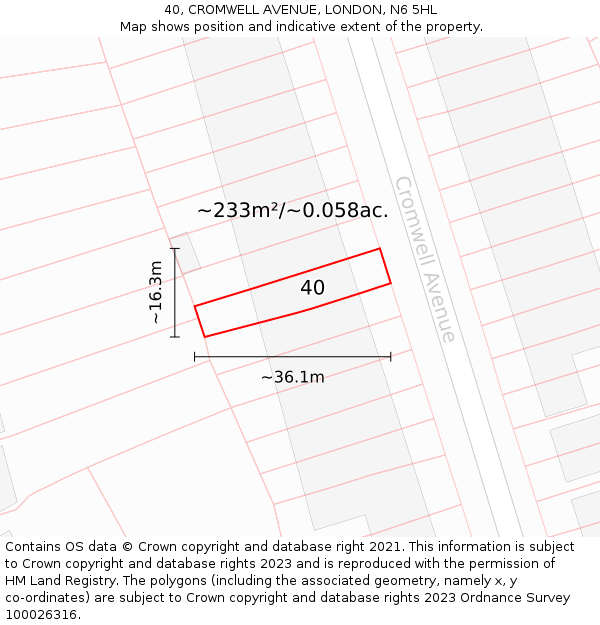 40, CROMWELL AVENUE, LONDON, N6 5HL: Plot and title map