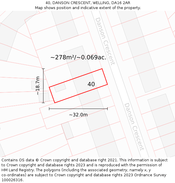 40, DANSON CRESCENT, WELLING, DA16 2AR: Plot and title map