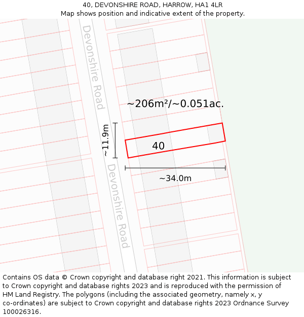 40, DEVONSHIRE ROAD, HARROW, HA1 4LR: Plot and title map