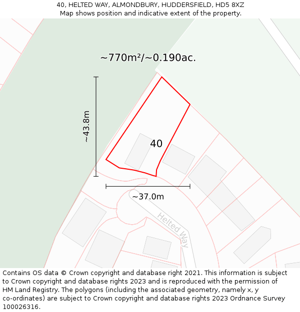 40, HELTED WAY, ALMONDBURY, HUDDERSFIELD, HD5 8XZ: Plot and title map