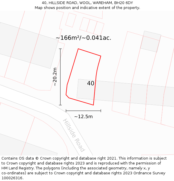 40, HILLSIDE ROAD, WOOL, WAREHAM, BH20 6DY: Plot and title map