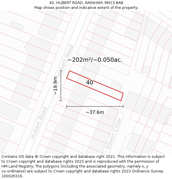 40, HUBERT ROAD, RAINHAM, RM13 8AB: Plot and title map
