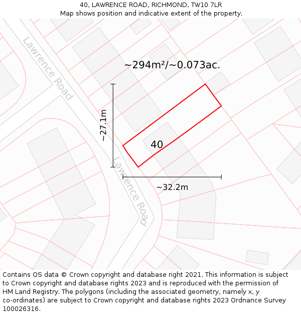 40, LAWRENCE ROAD, RICHMOND, TW10 7LR: Plot and title map