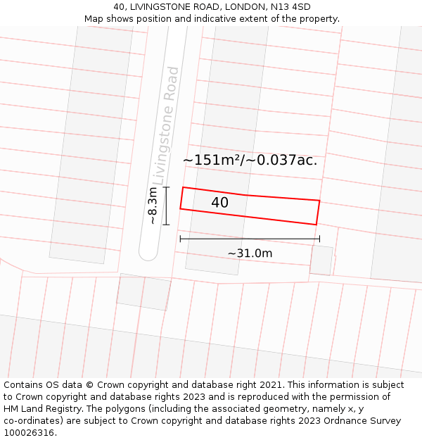 40, LIVINGSTONE ROAD, LONDON, N13 4SD: Plot and title map