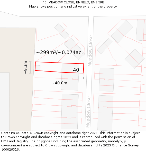40, MEADOW CLOSE, ENFIELD, EN3 5PE: Plot and title map