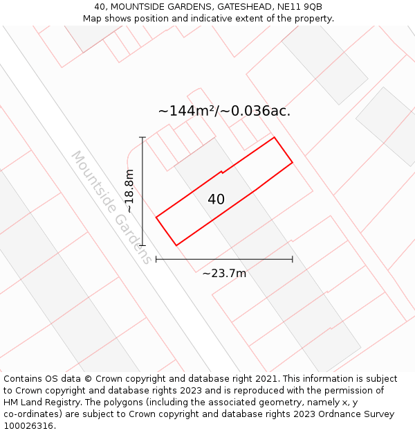 40, MOUNTSIDE GARDENS, GATESHEAD, NE11 9QB: Plot and title map