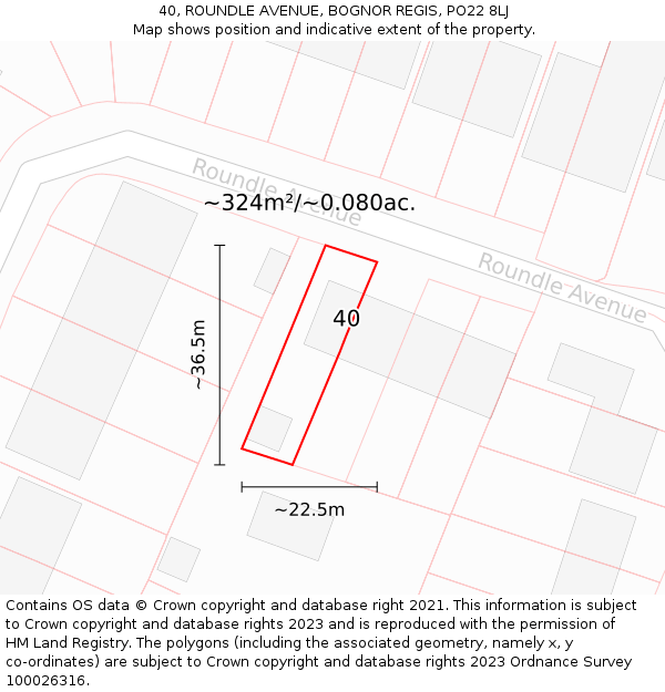 40, ROUNDLE AVENUE, BOGNOR REGIS, PO22 8LJ: Plot and title map