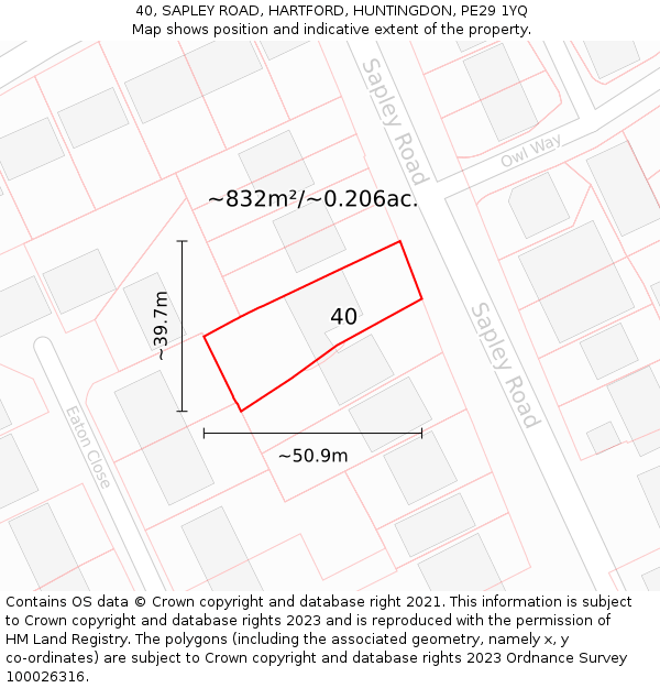 40, SAPLEY ROAD, HARTFORD, HUNTINGDON, PE29 1YQ: Plot and title map