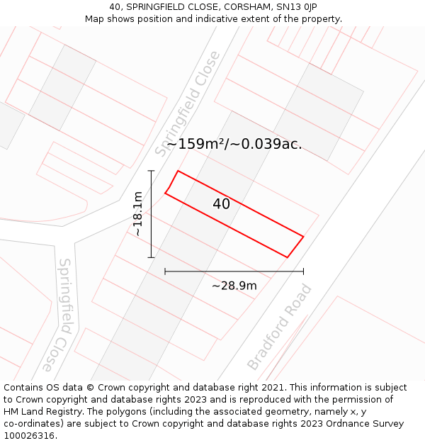 40, SPRINGFIELD CLOSE, CORSHAM, SN13 0JP: Plot and title map