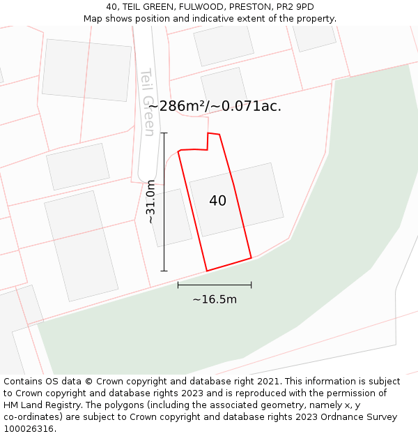 40, TEIL GREEN, FULWOOD, PRESTON, PR2 9PD: Plot and title map