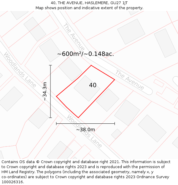 40, THE AVENUE, HASLEMERE, GU27 1JT: Plot and title map