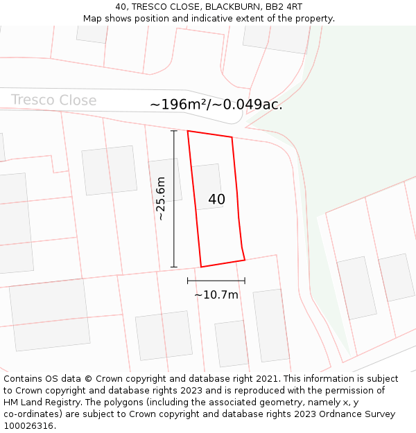 40, TRESCO CLOSE, BLACKBURN, BB2 4RT: Plot and title map