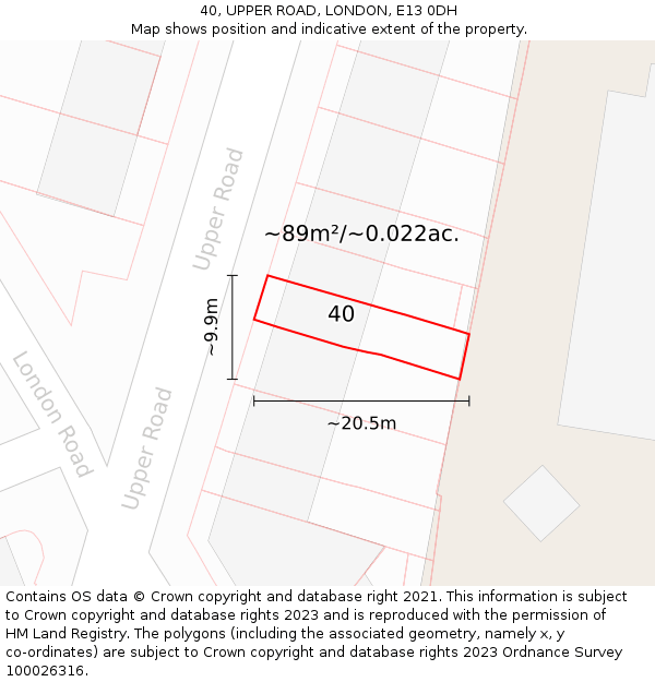 40, UPPER ROAD, LONDON, E13 0DH: Plot and title map