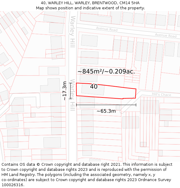 40, WARLEY HILL, WARLEY, BRENTWOOD, CM14 5HA: Plot and title map