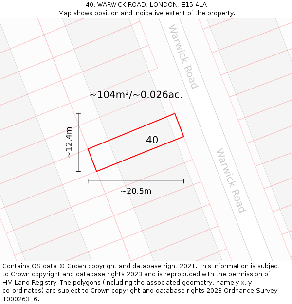 40, WARWICK ROAD, LONDON, E15 4LA: Plot and title map