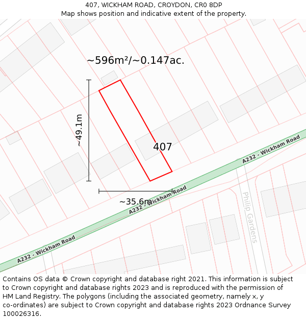407, WICKHAM ROAD, CROYDON, CR0 8DP: Plot and title map
